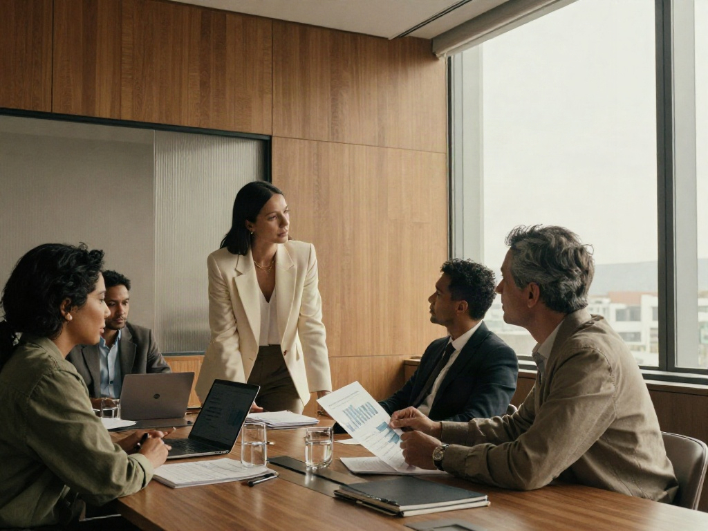 A leadership team collaborating on business strategy in a warm, contemporary boardroom